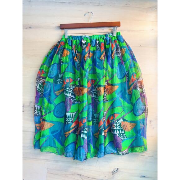 Vintage 90s Graphic Print Pleated skirt Size M Green/Blue Mixed Prints Statement - Picture 4 of 8